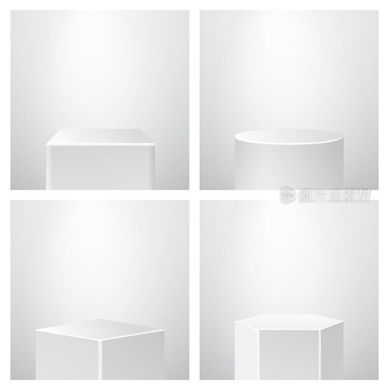 Podium Pedestal Museum Stage Set. Realistic Vector. Geometric Blank 3D Spotlight Stands. Cube, Rhombus, Cylinder, Hexagon Prism.